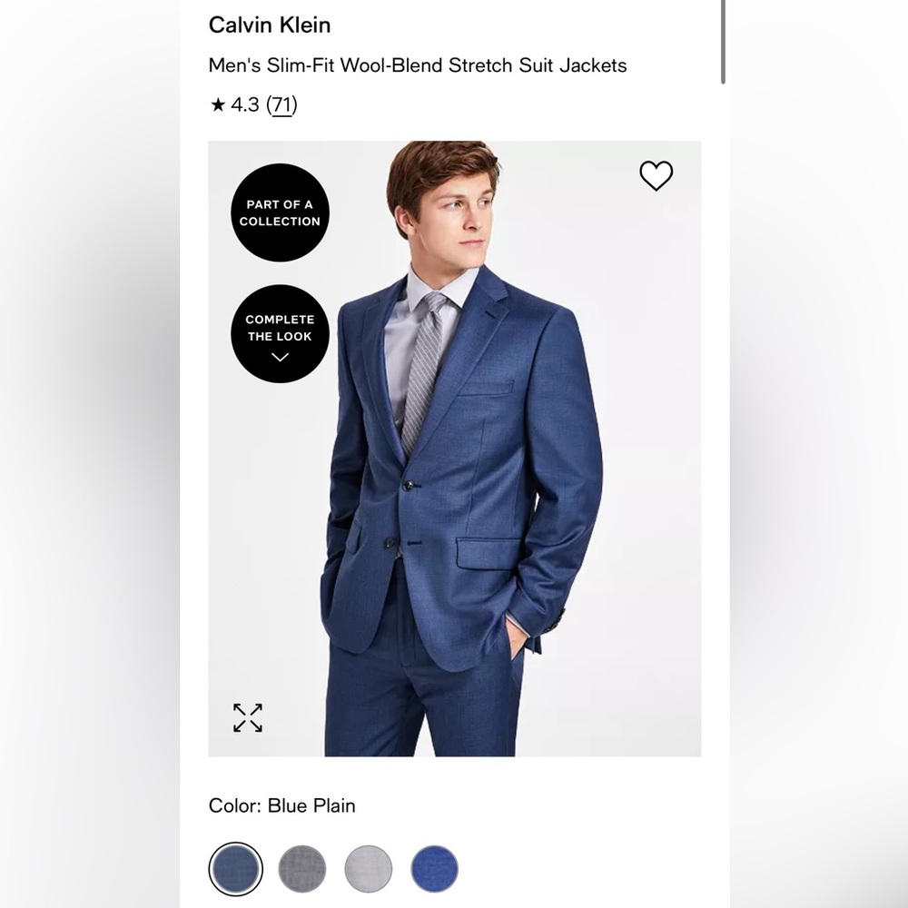 Calvin Klein Men's Slim-Fit Wool-Blend Blue Suit Jacket and Pants
